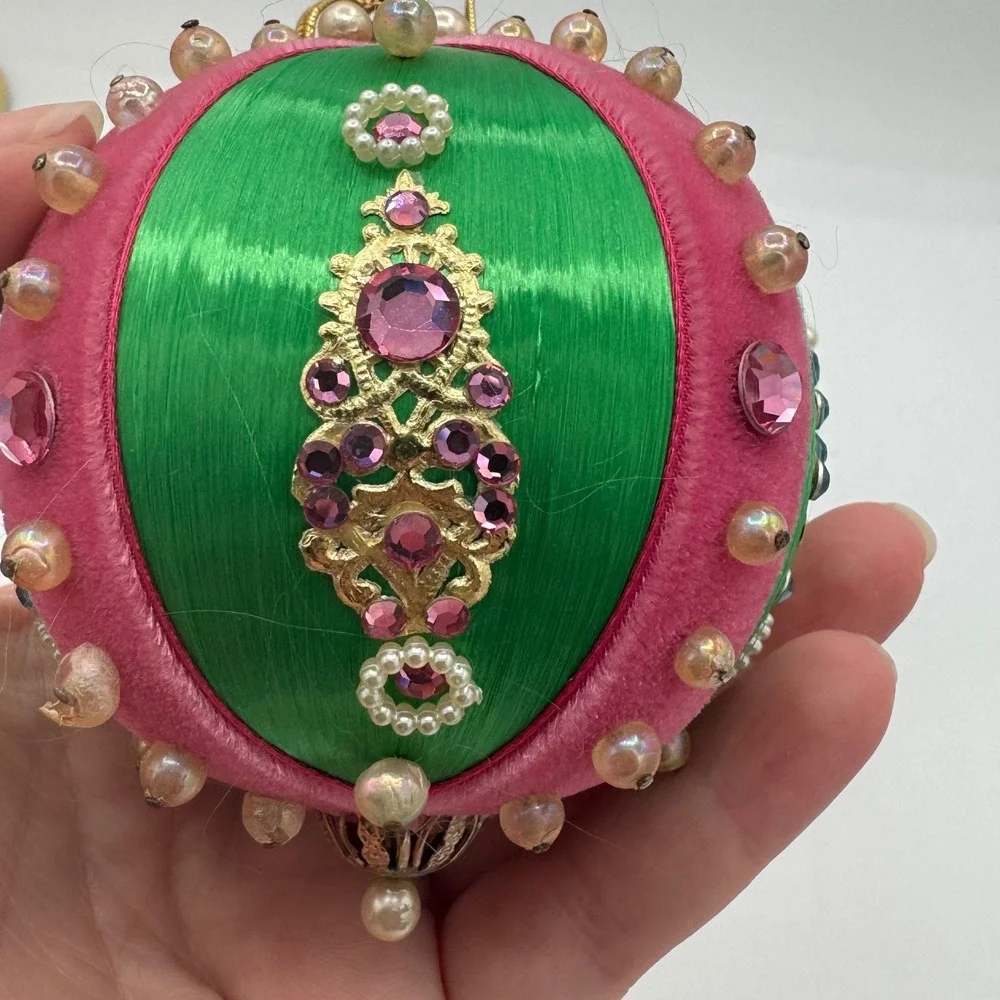 Vintage Handmade Satin Christmas Ornaments Green Pink Velvet Pearls Jewels Set 2